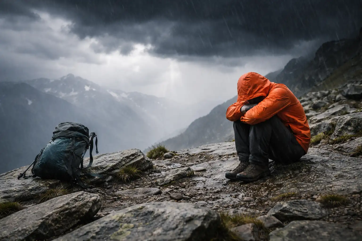 Randonneur accroupi en position de sécurité sur un terrain rocheux pendant un orage en montagne
