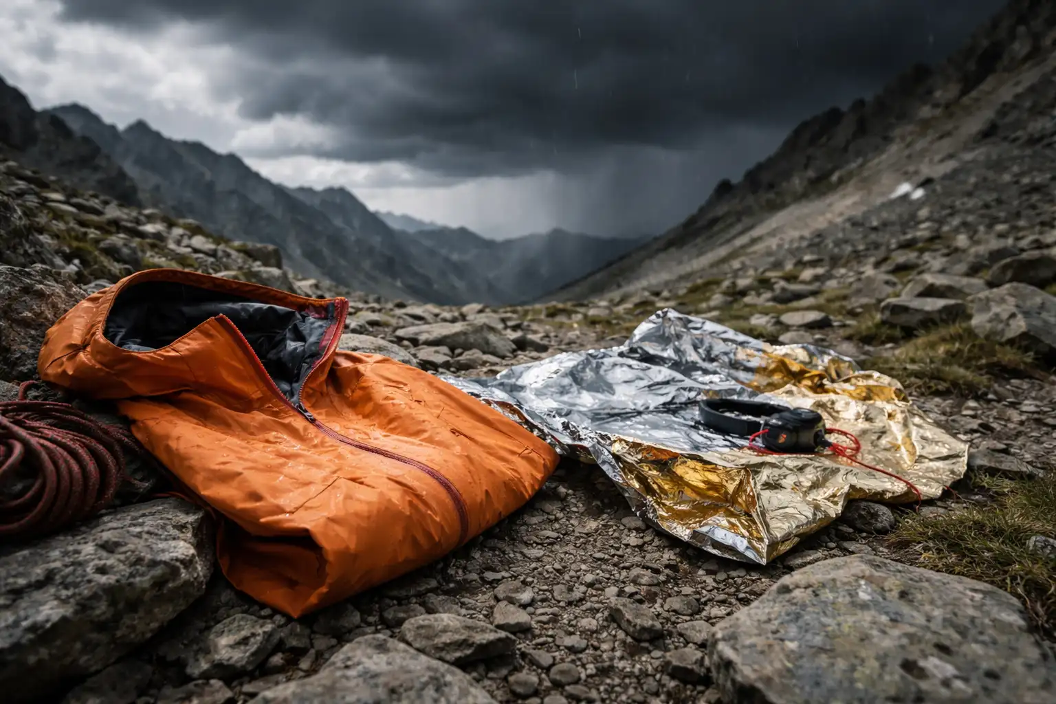 Veste imperméable et couverture de survie disposées sur un terrain de montagne sous un ciel d'orage