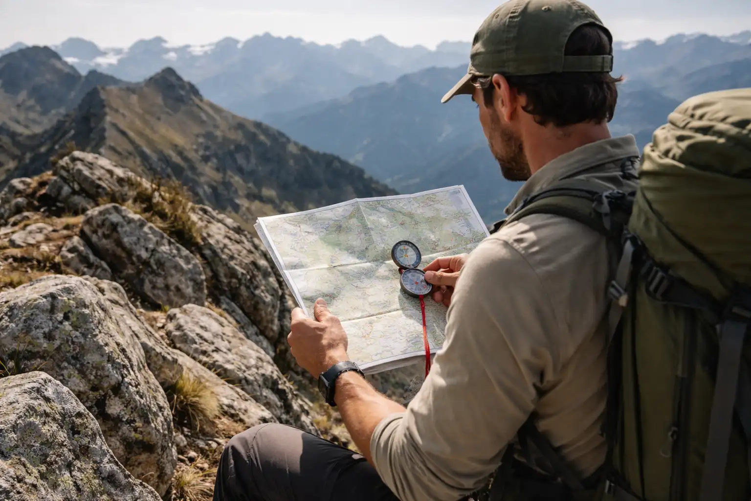 Randonneur utilisant carte et boussole pour s'orienter en montagne avec vue sur plusieurs sommets