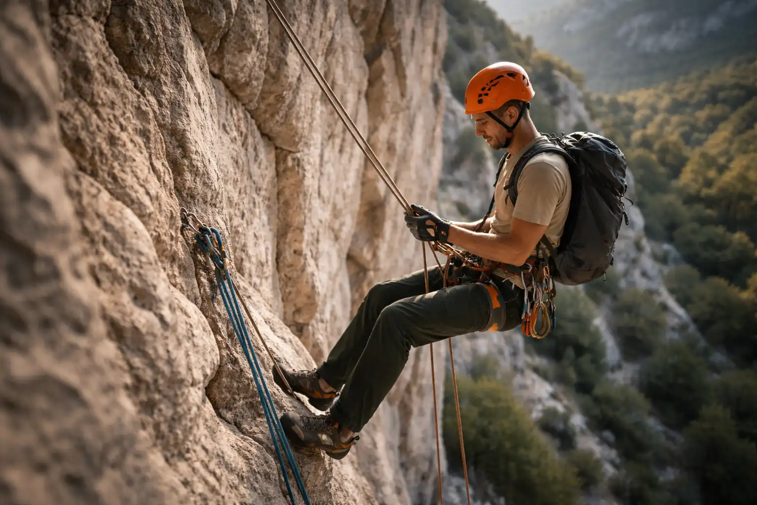 Rappel en grande voie, grimpeur descendant avec descendeur
