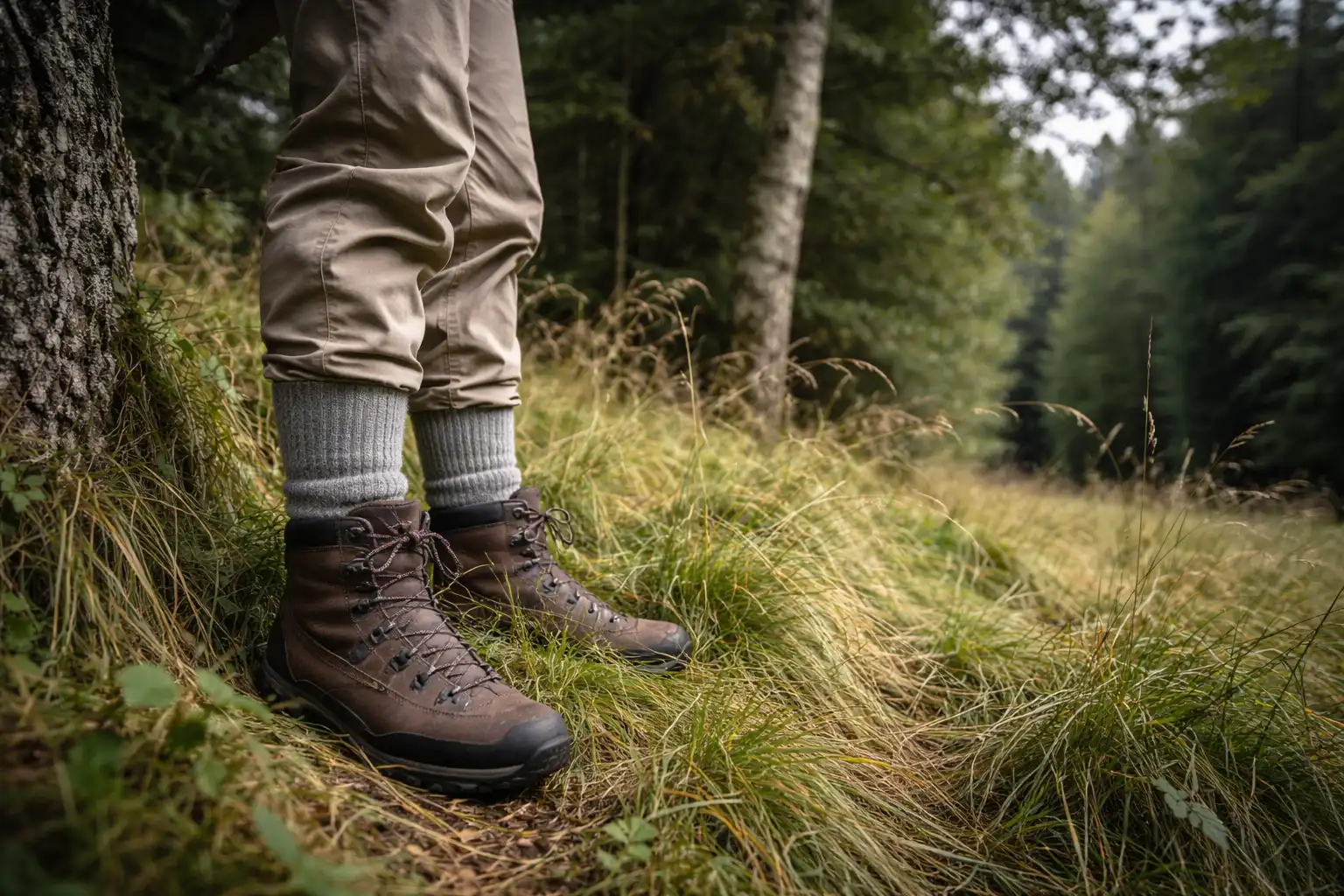 Randonneur en vêtements longs inspectant ses chaussettes montantes en lisière de forêt