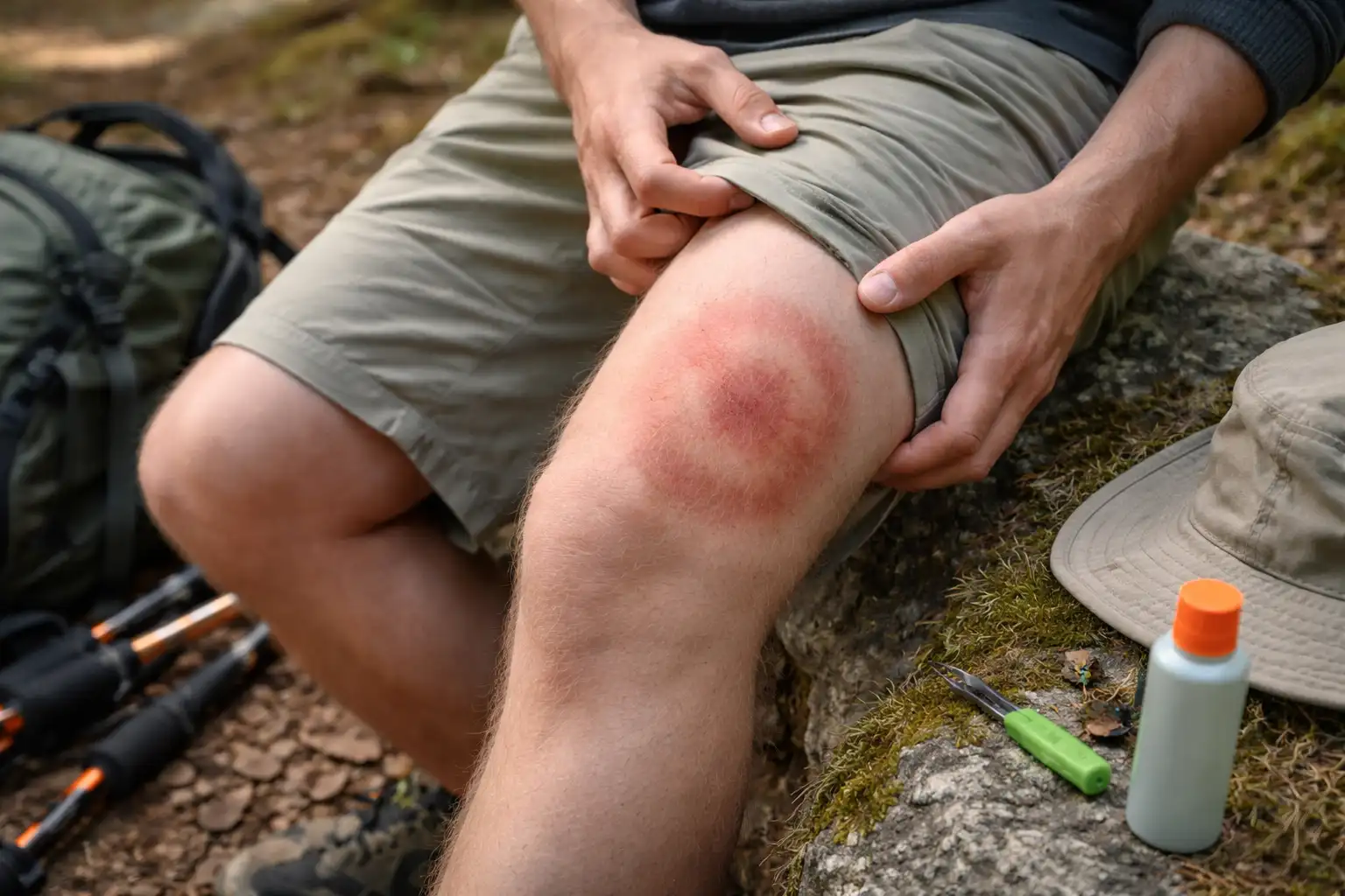 Érythème migrant circulaire caractéristique sur une jambe après morsure de tique