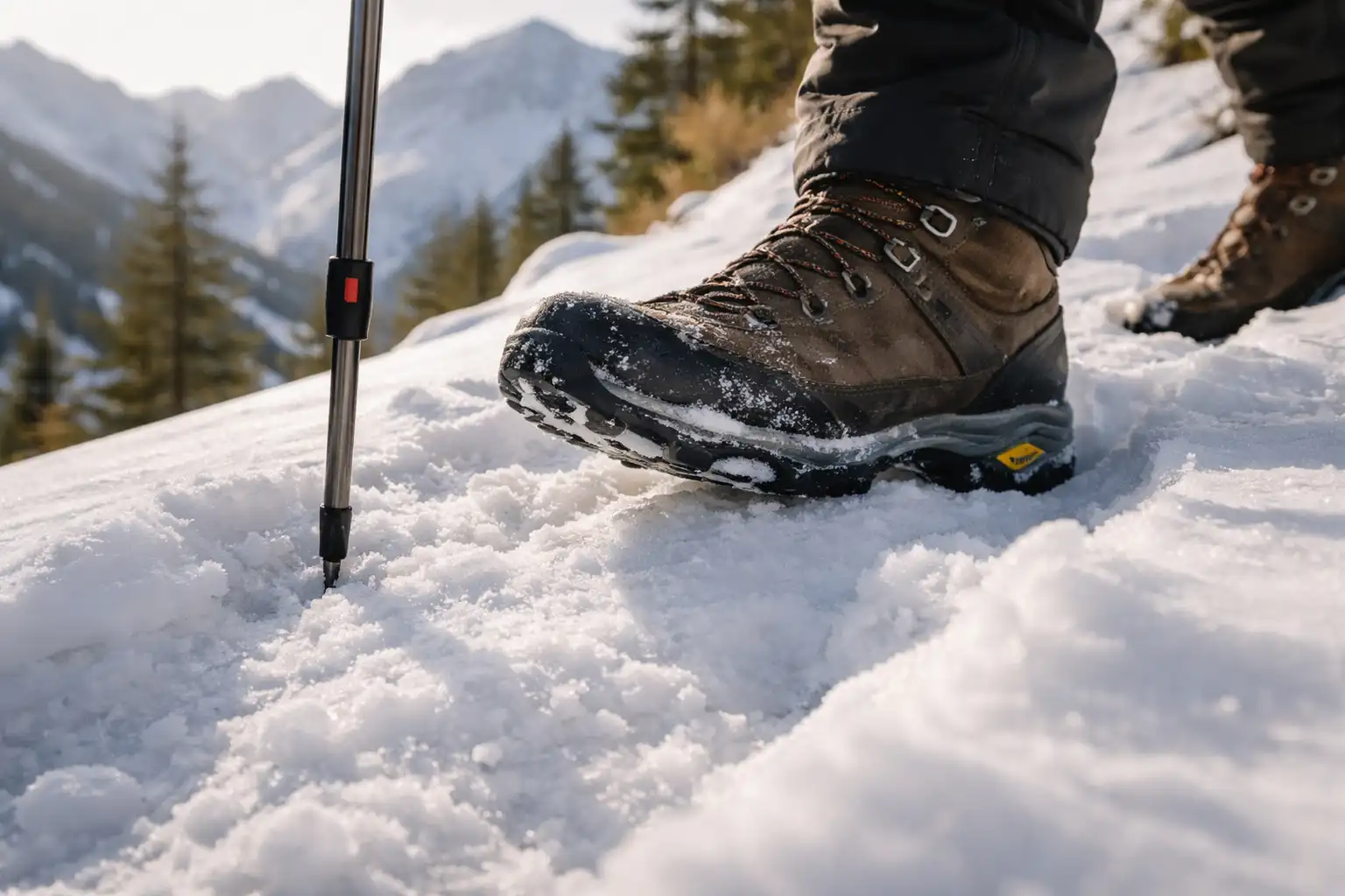 Randonneur testant la qualité de la neige avec un bâton sur sentier hivernal