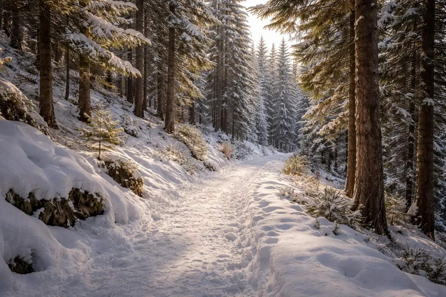 Sentier de randonnée hivernale en forêt de moyenne montagne avec neige tassée