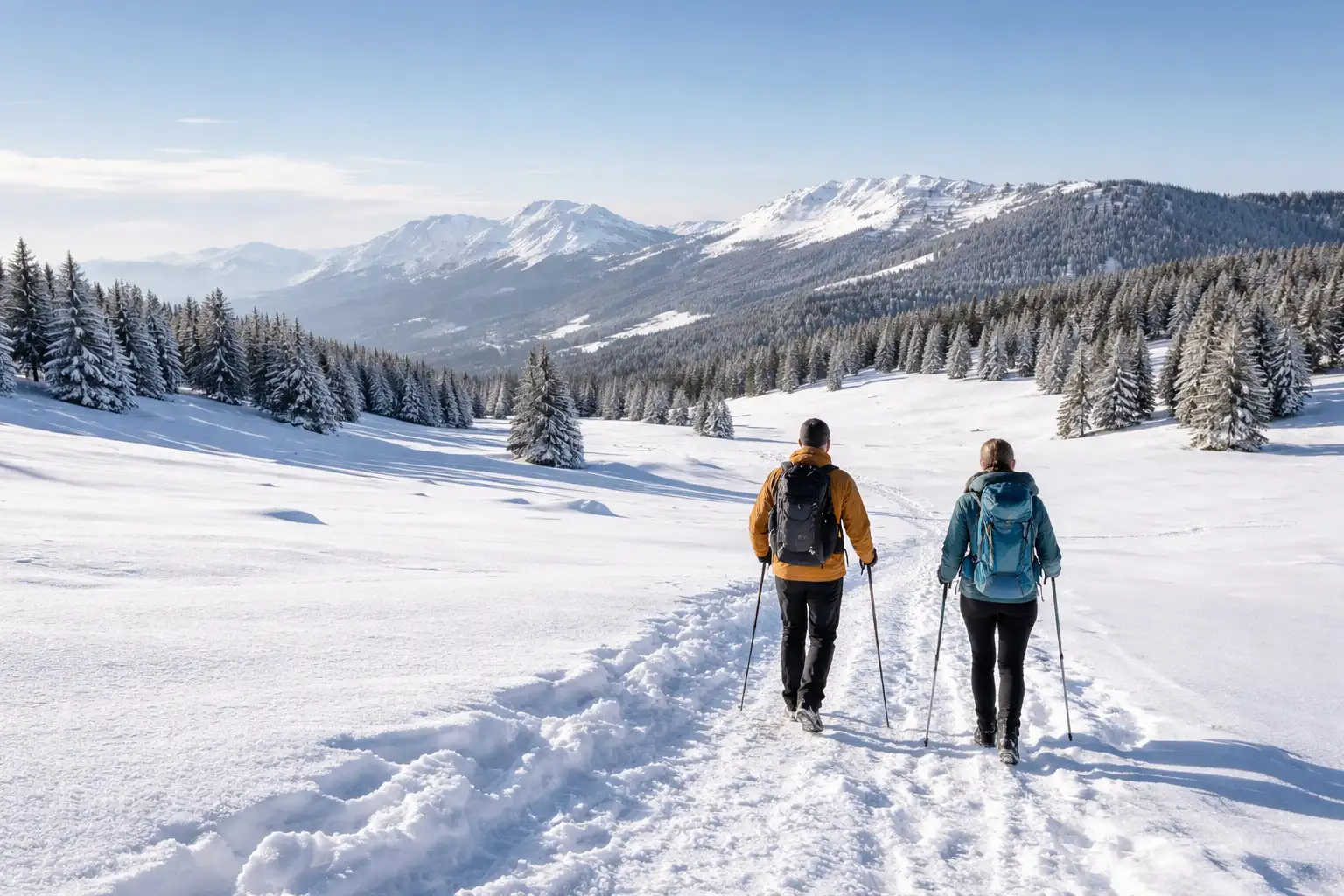 Vue panoramique sur itinéraire hivernal accessible sans crampons en plateau