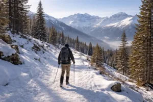 Randonnée hivernale sans crampons sur terrain enneigé avec conditions sûres