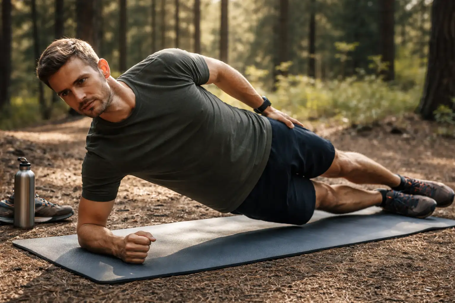 Coureur trail réalisant un exercice de gainage latéral sur tapis de sol en extérieur