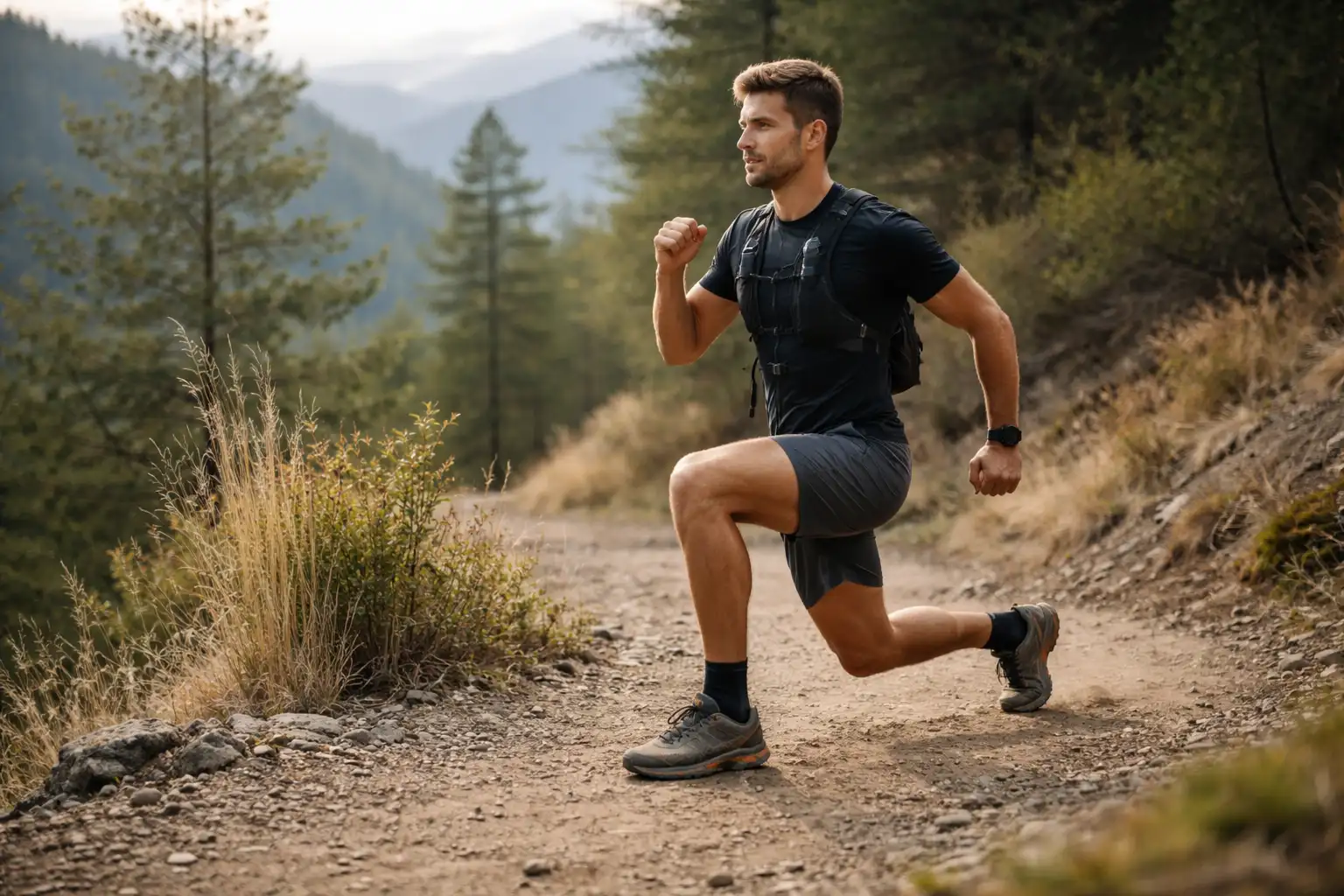 Séquence d'exercices de renforcement trail avec fentes sautées en extérieur