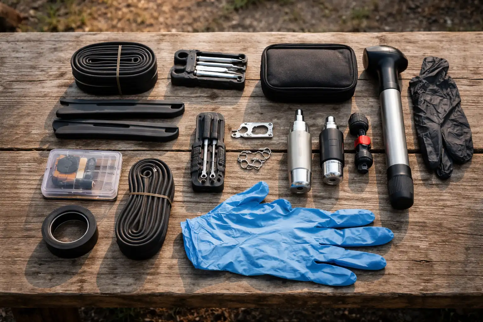 Kit de réparation vélo complet disposé sur une surface en bois