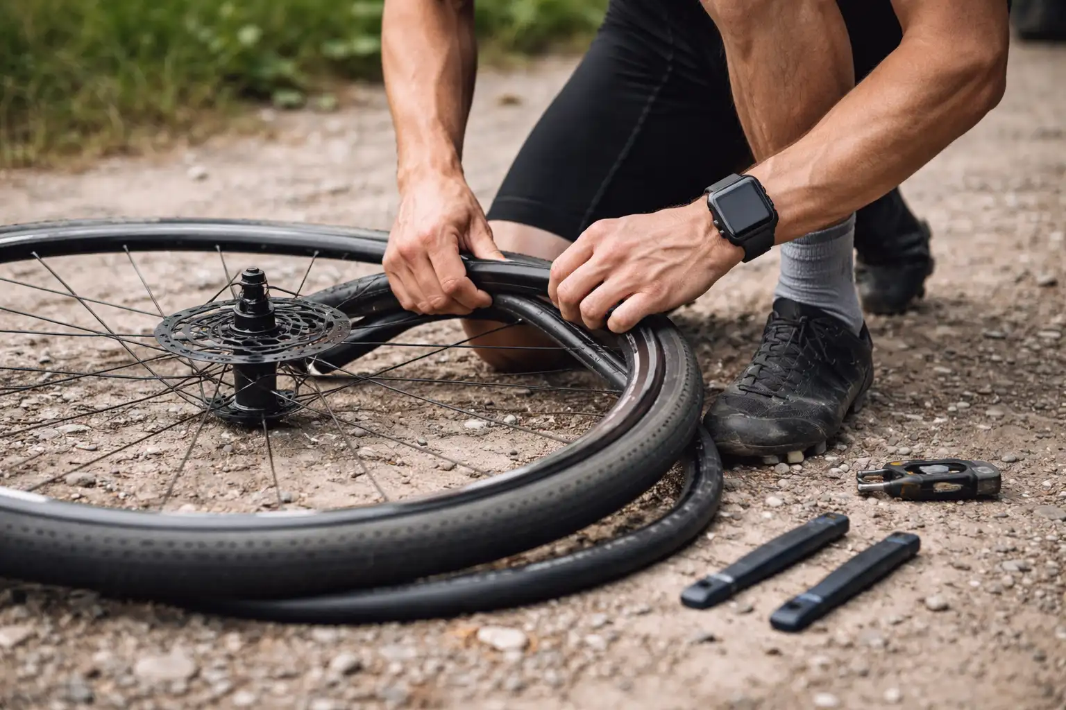 Mains de cycliste changeant une chambre à air sur le bord d'un chemin