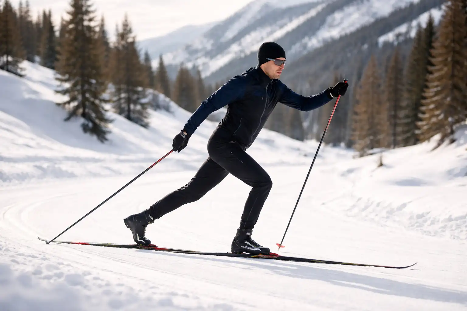 Phase de glisse en ski de fond classique, corps relâché et aligné