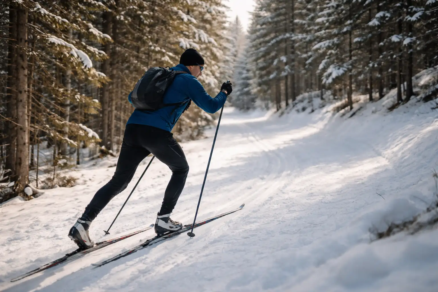 Skieur de fond classique en montée, technique adaptée au dénivelé