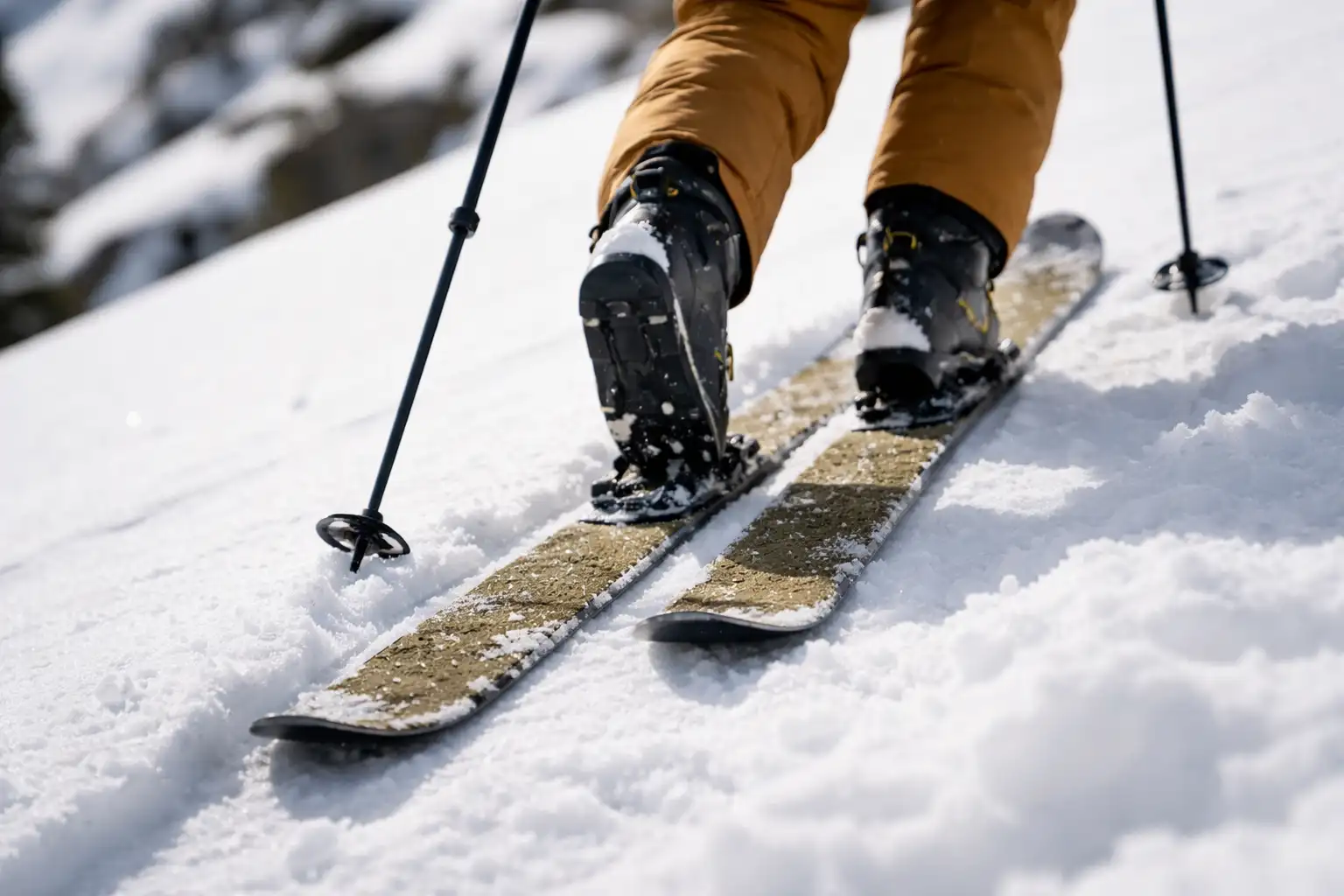 Skieur de randonnée débutant en montée avec peaux de phoque sur pente douce