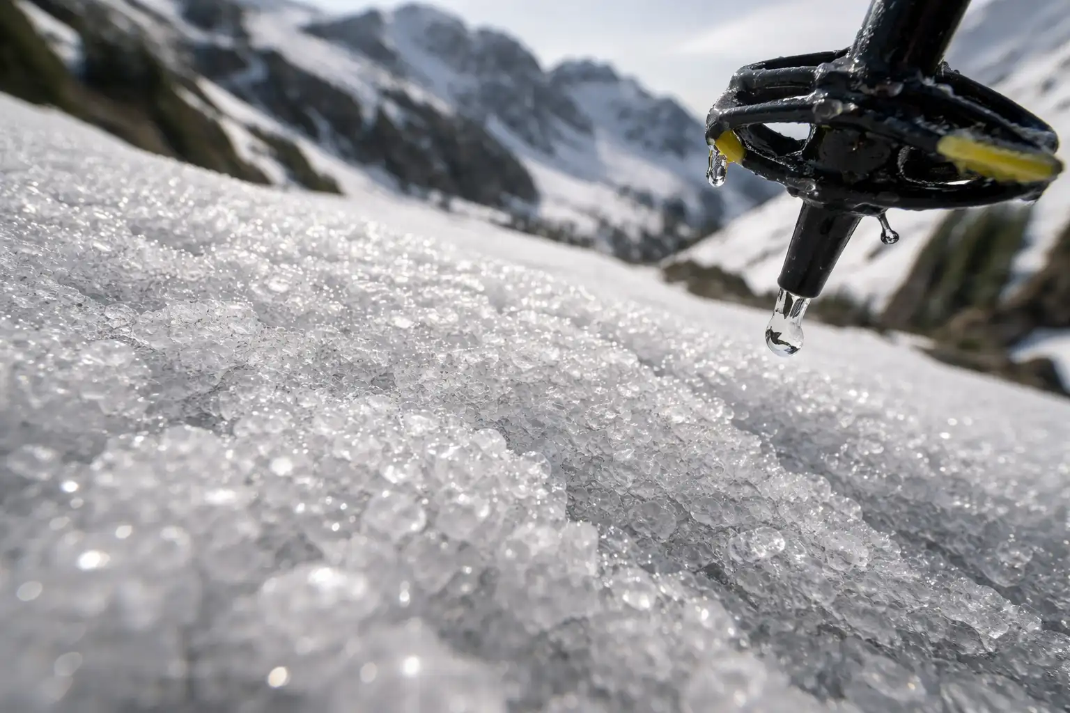 Gros plan sur neige de printemps transformée avec grains arrondis et surface humide