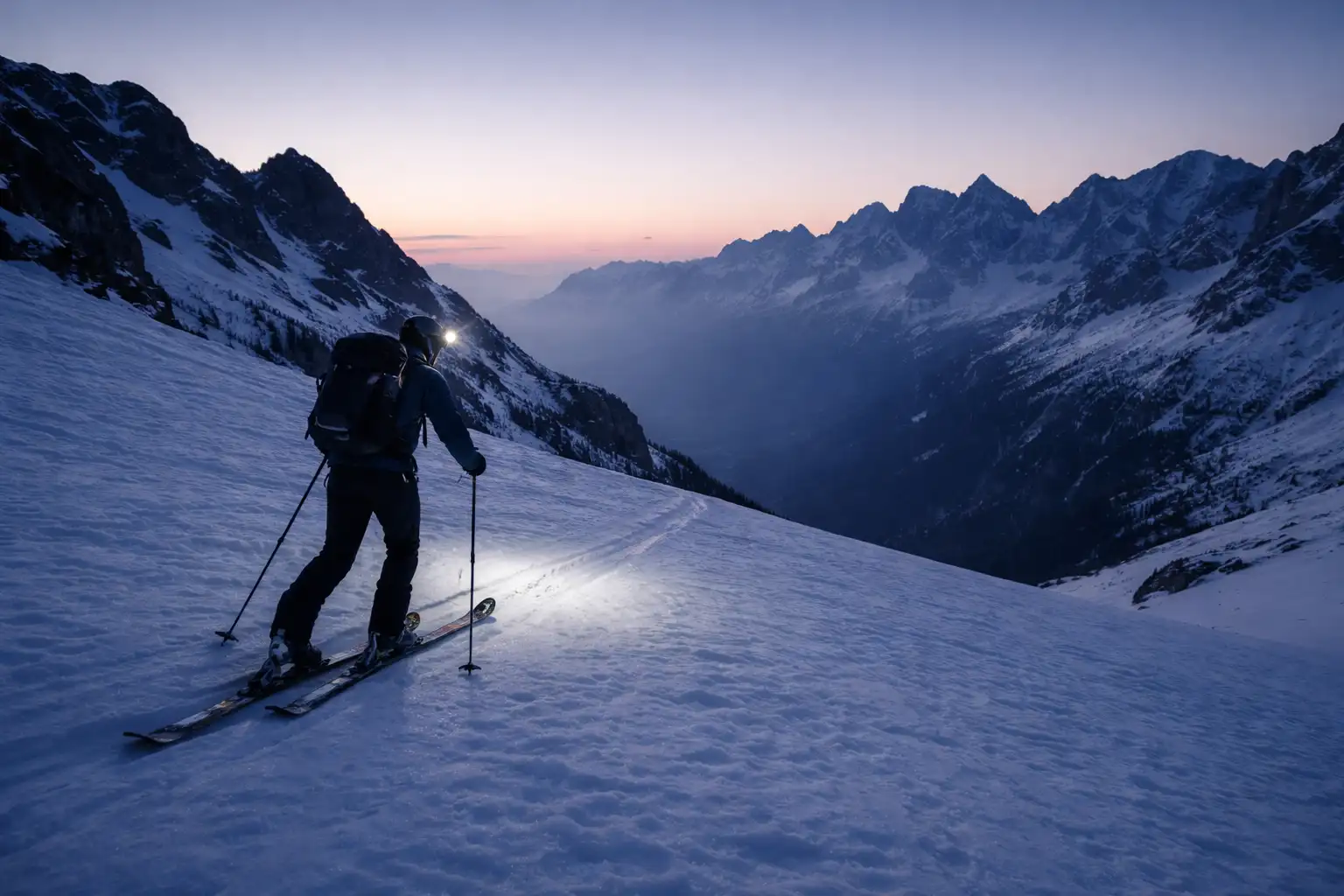 Ski de randonnée au lever du jour sur neige dure printanière avec traces de crampons