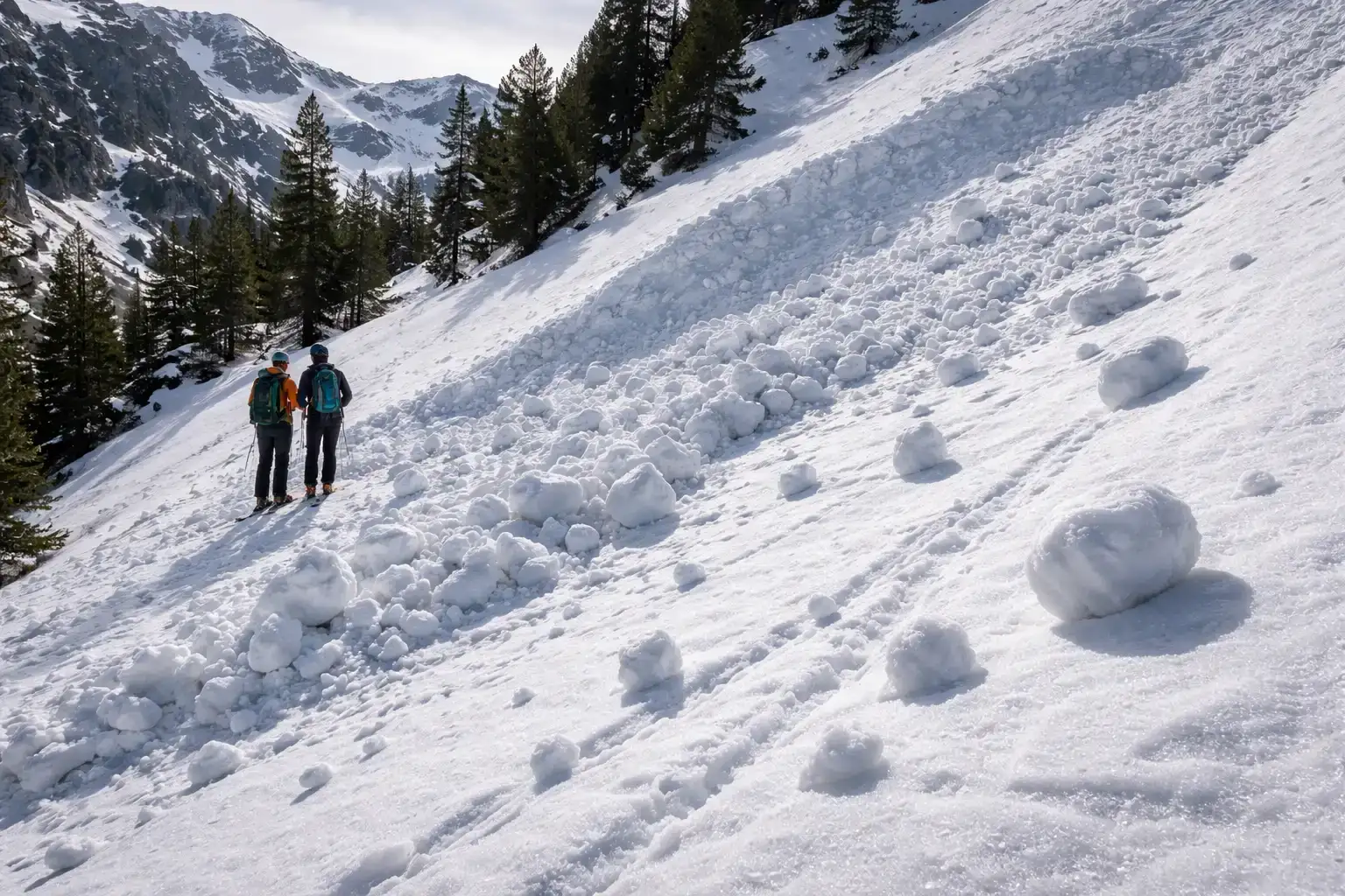 Pente de neige lourde avec début de coulée printanière et traces de boules roulantes