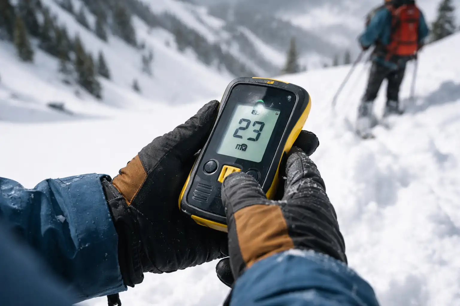 Skieur utilisant un DVA en mode recherche dans la neige