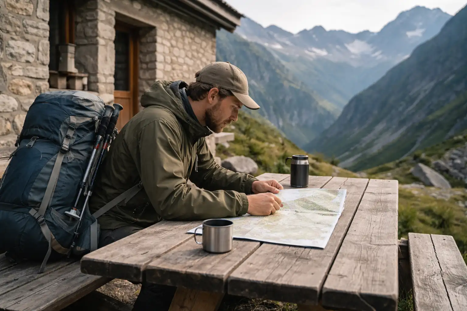 Randonneur consultant une carte topographique devant un refuge de montagne