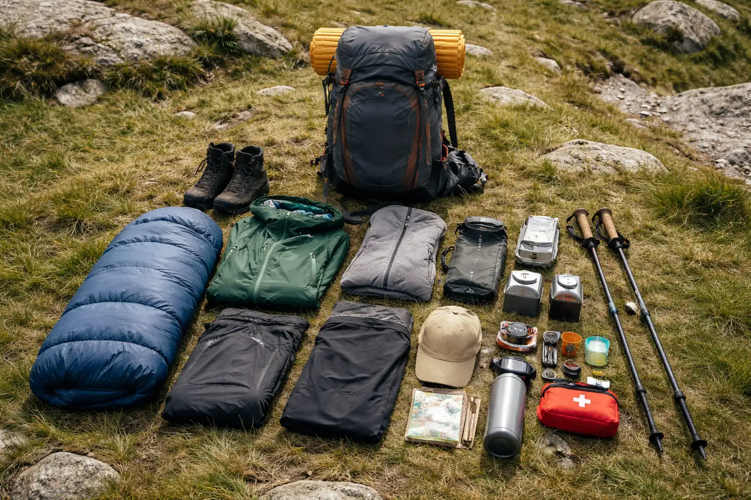 Sac à dos de trek ouvert avec matériel organisé et optimisé