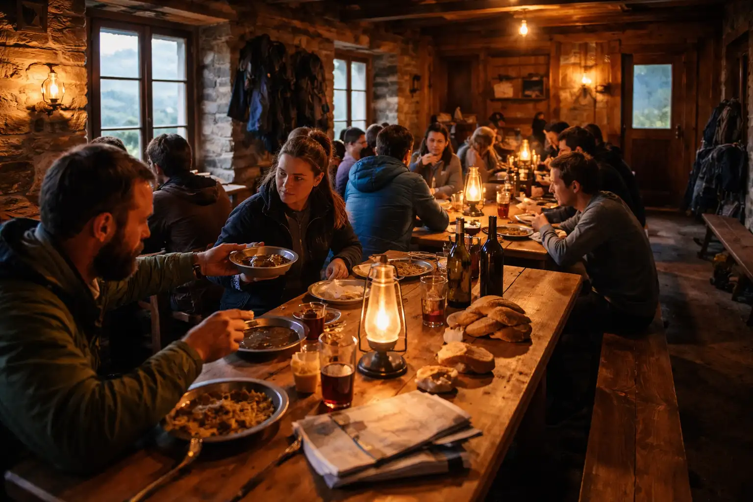 Intérieur chaleureux d'un refuge de montagne avec randonneurs au dîner