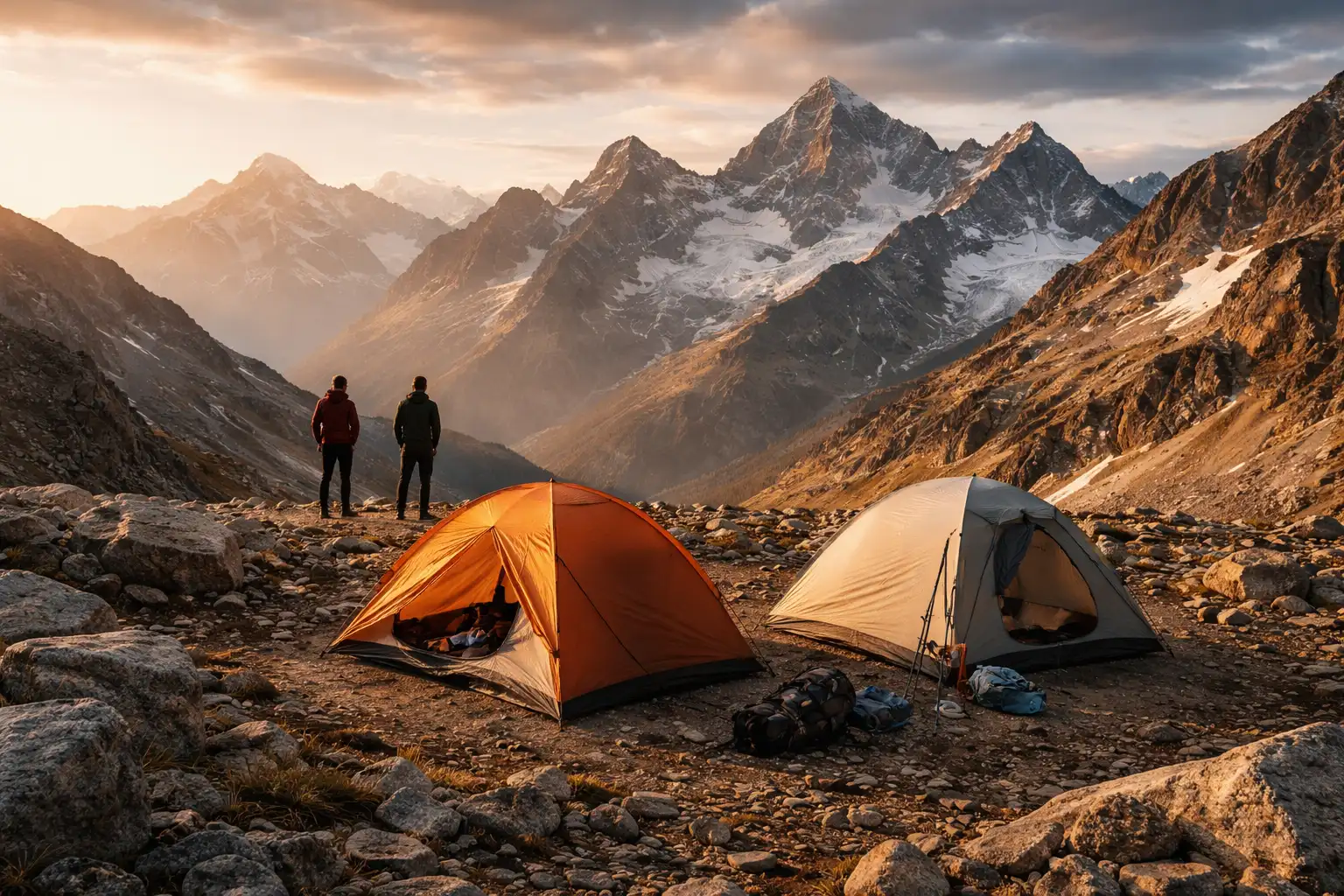 Bivouac d'altitude à 4000 mètres au coucher du soleil, ambiance montagne premium