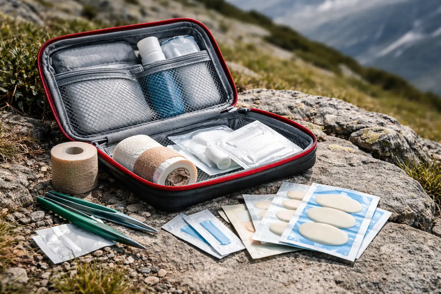 Trousse de secours randonnée ouverte sur terrain montagneux