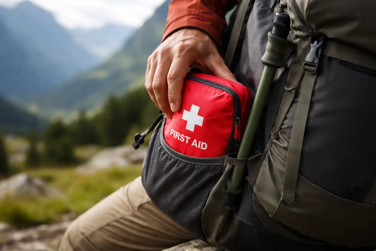Trousse de secours compacte rangée dans sac à dos de randonnée