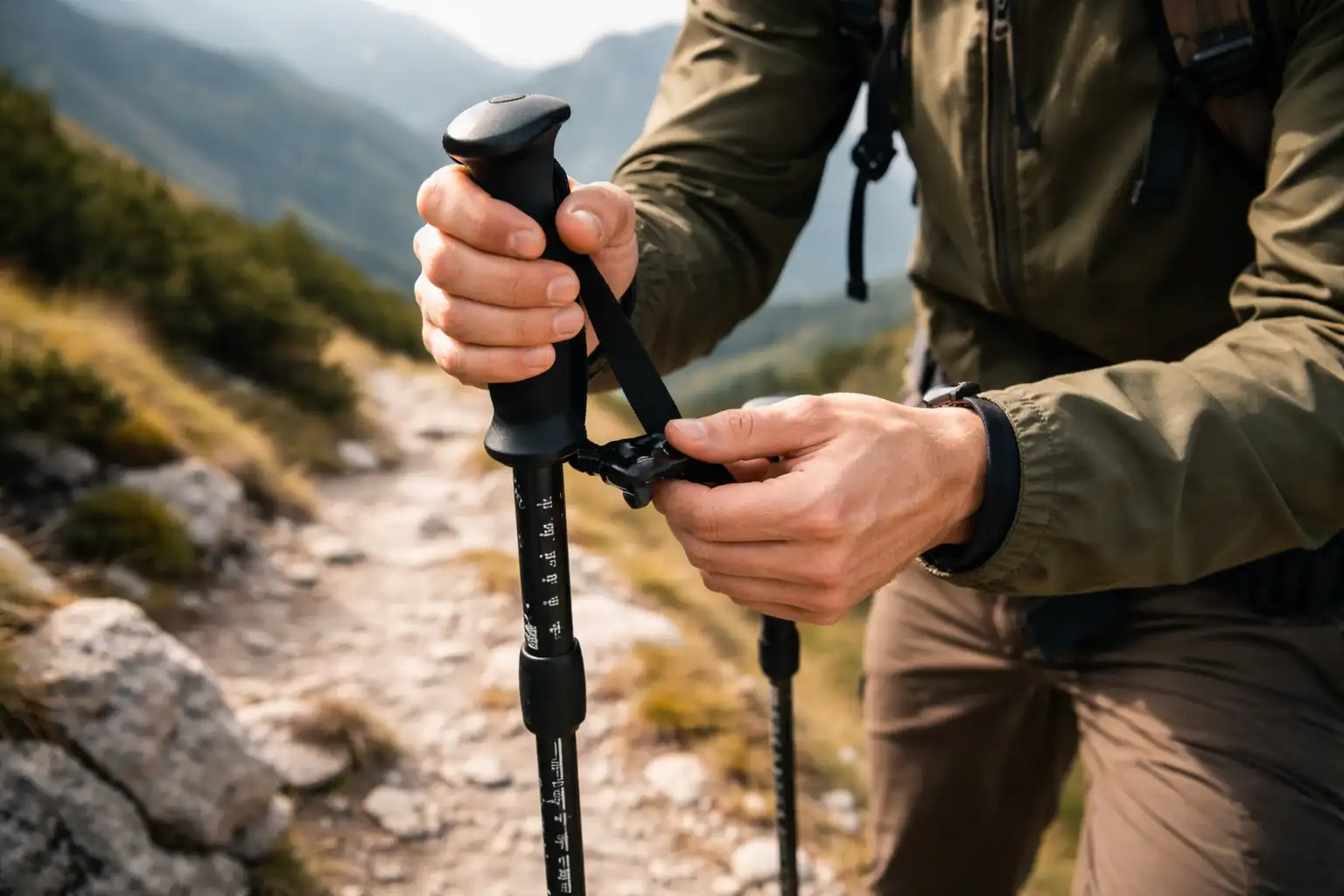 Randonneur réglant la hauteur de ses bâtons télescopiques sur sentier de montagne