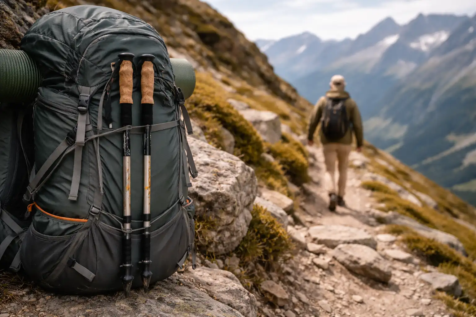 Bâtons de randonnée rangés verticalement sur les côtés d'un sac à dos en montagne