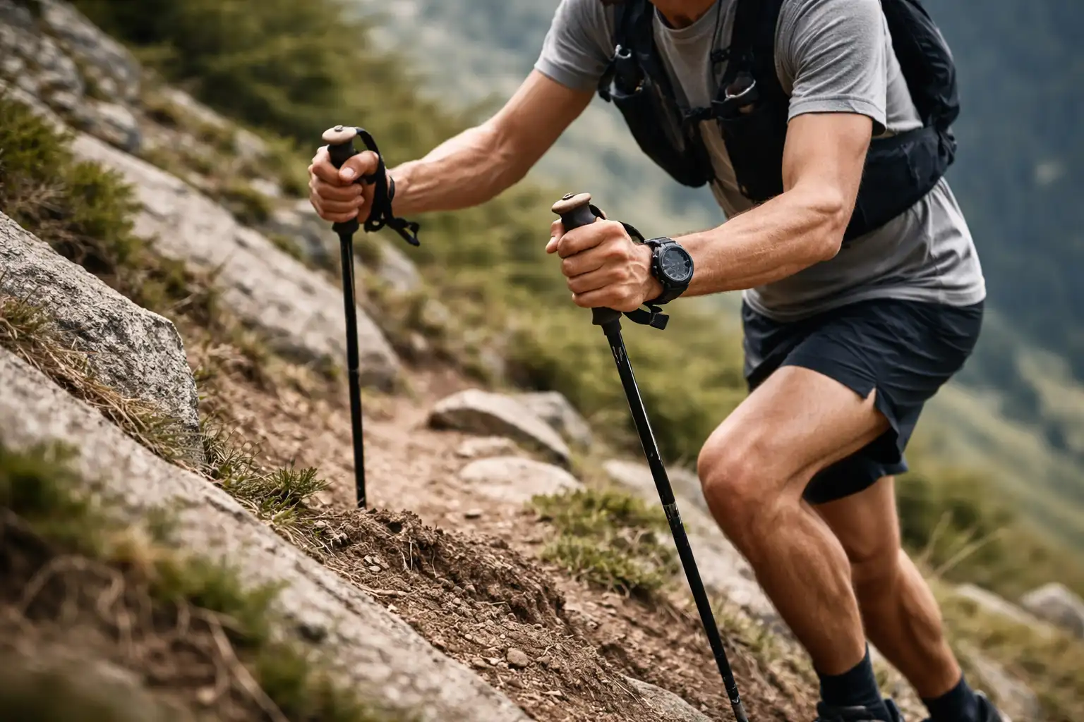 Technique de poussée avec bâtons de trail en montée raide