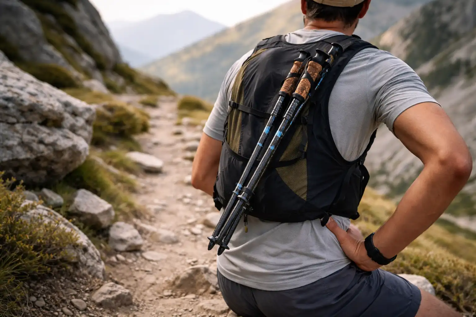 Bâtons de trail pliables en carbone rangés sur sac de trail