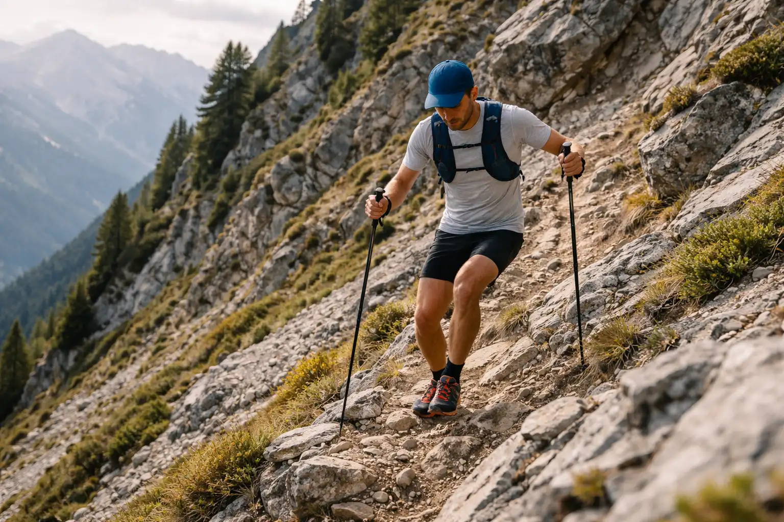 Descente technique en trail avec utilisation correcte des bâtons