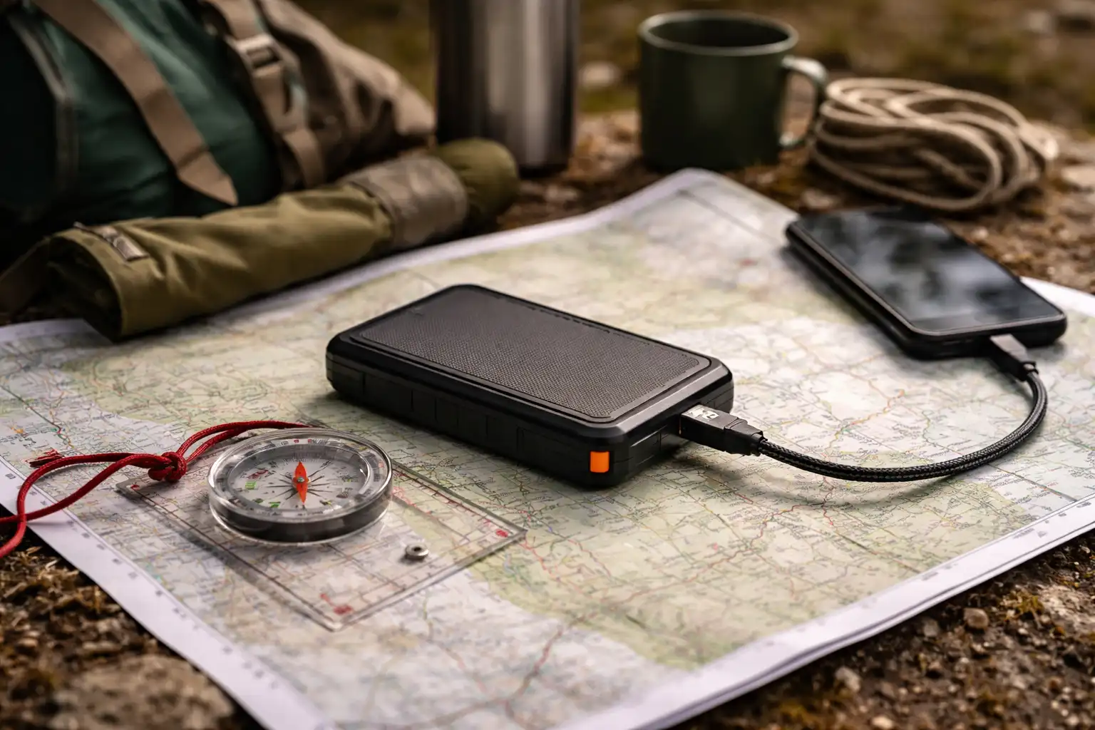 Batterie externe et câble court posés sur une carte topographique avec une boussole