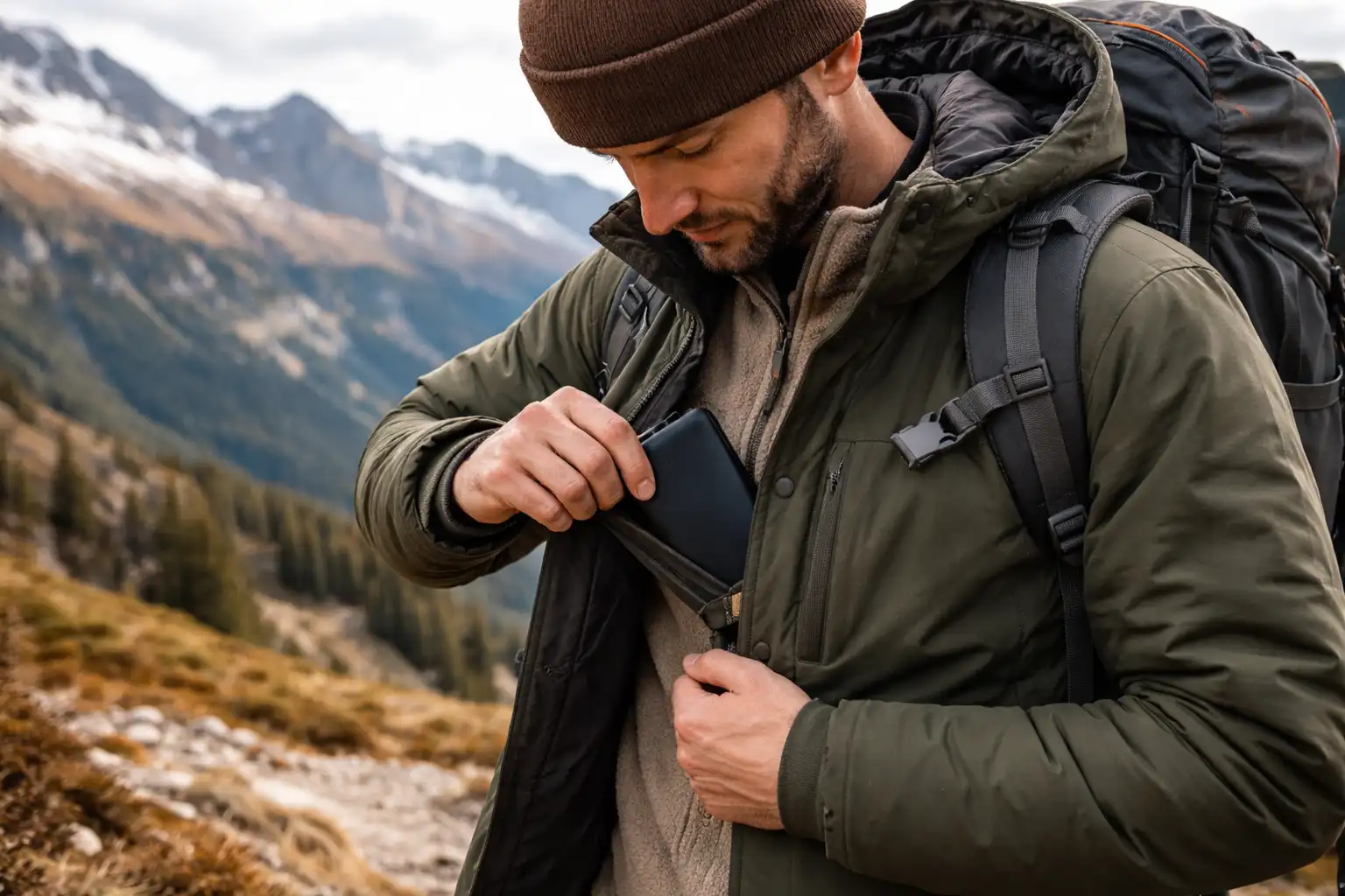 Randonneur rangeant une batterie externe dans une poche intérieure de veste en montagne