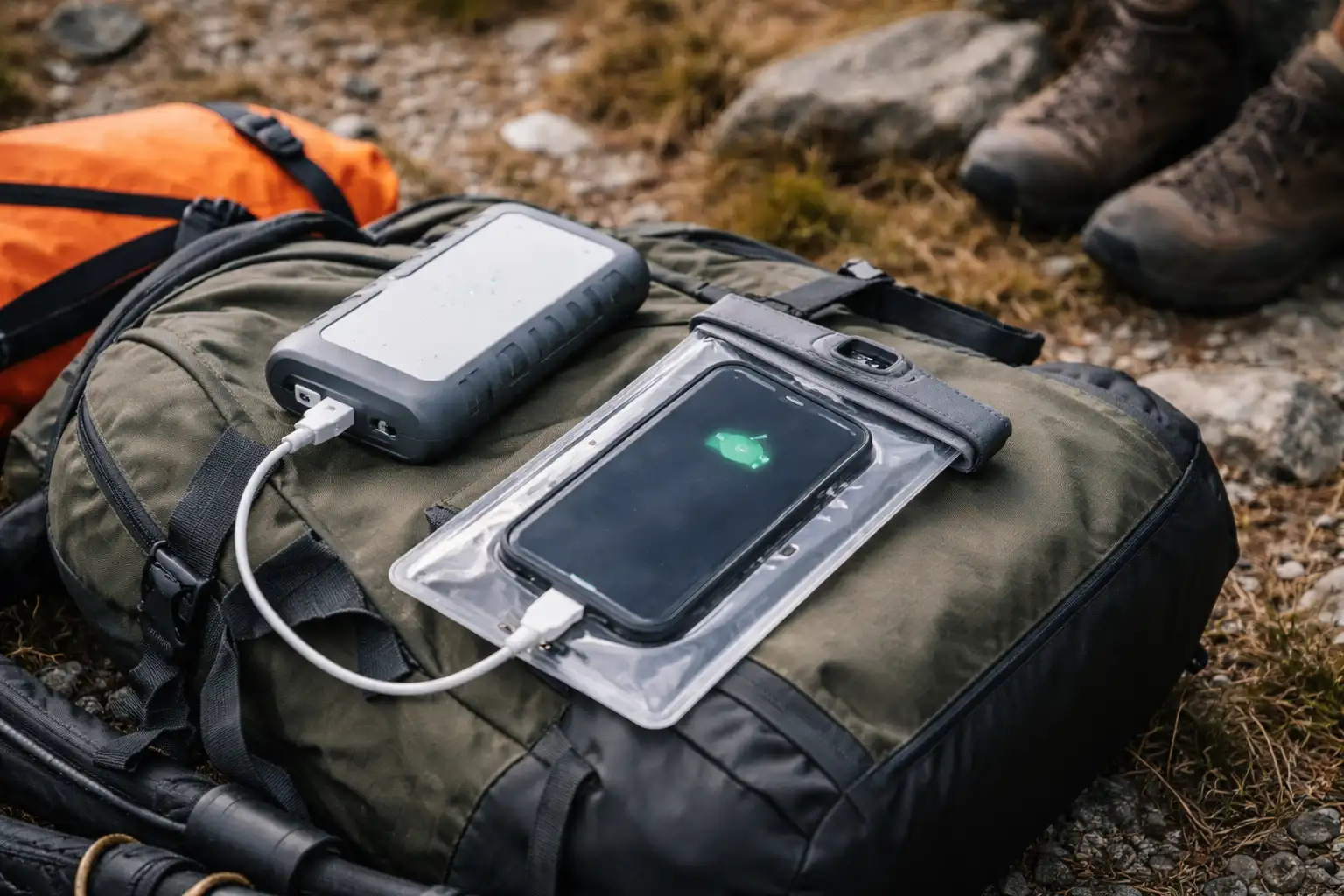 Batterie externe, câbles et pochette étanche disposés sur un sac de randonnée