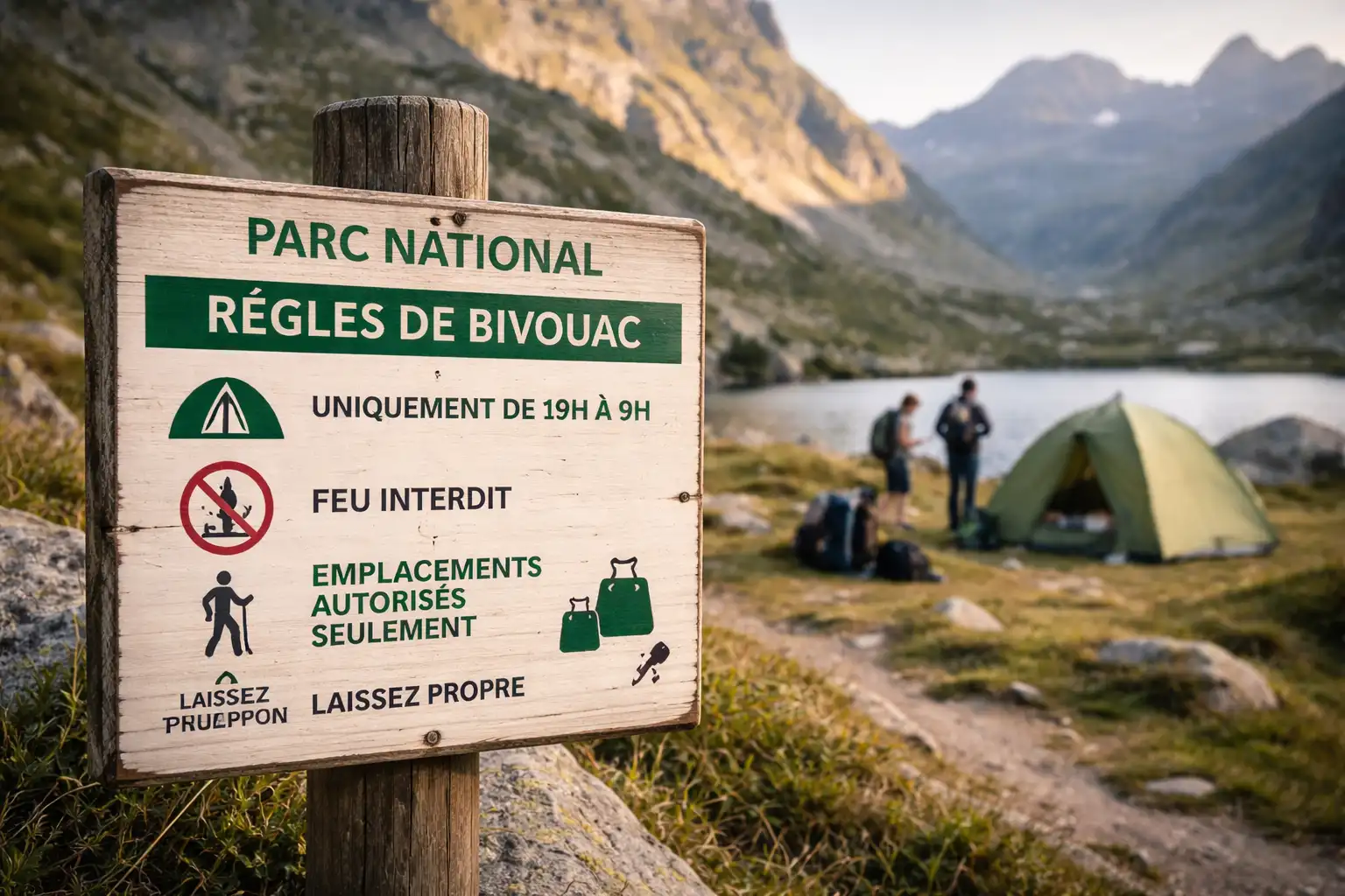 Panneau réglementaire de parc national indiquant les règles de bivouac en montagne
