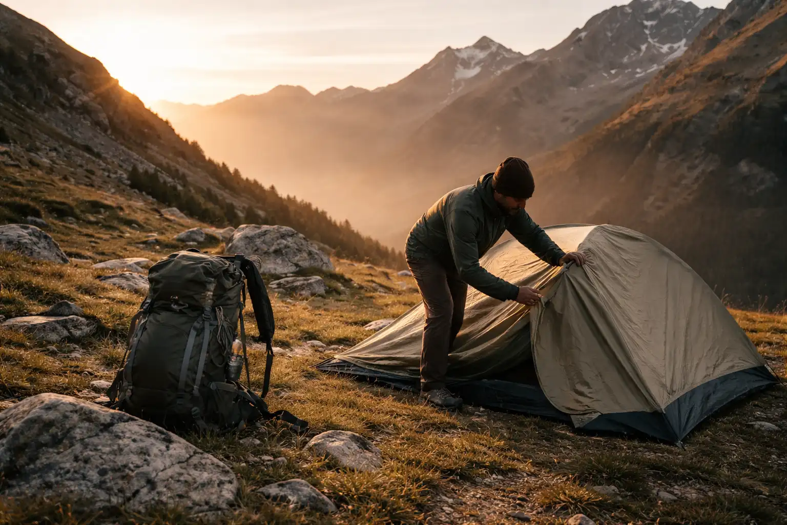 Randonneur démontant une tente de bivouac au lever du soleil en montagne