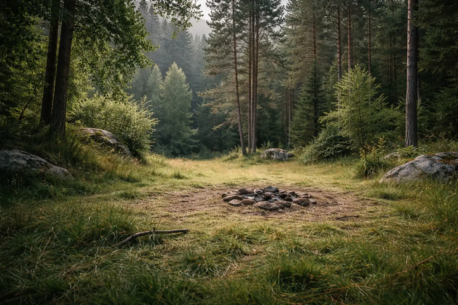 Emplacement de bivouac discret en forêt sans trace visible après le départ