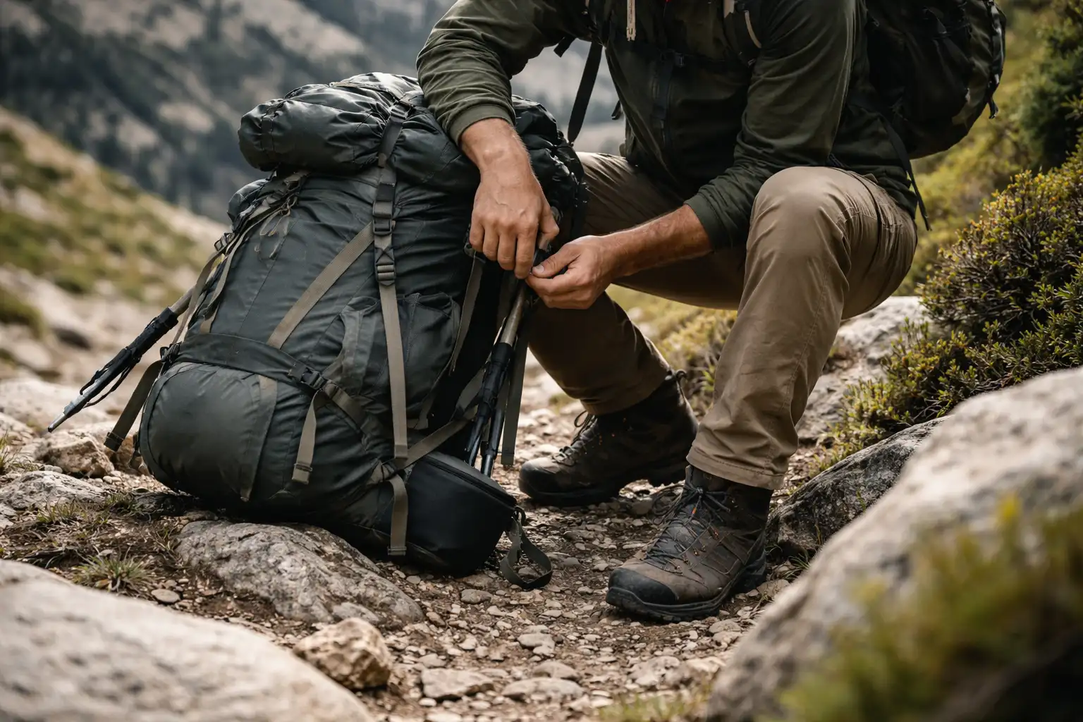 Randonneur ajustant son sac à dos lourd sur sentier de montagne caillouteux