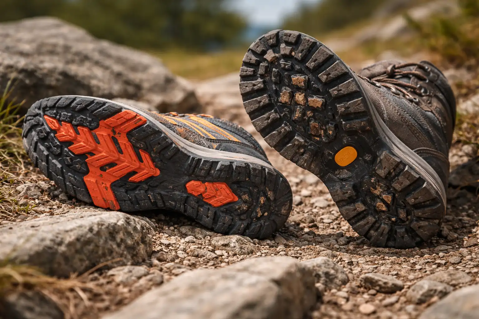 Gros plan de semelles de chaussures trail et randonnée côte à côte sur sol rocheux
