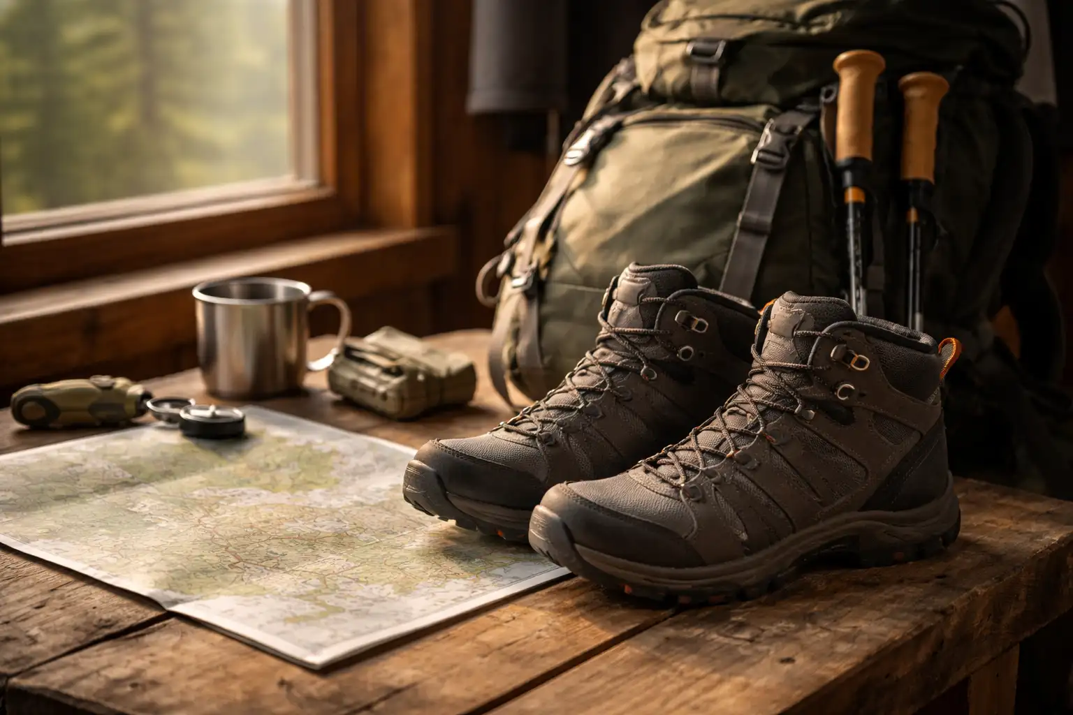 Chaussures de randonnée neuves posées près d'un sac à dos et d'une carte topographique