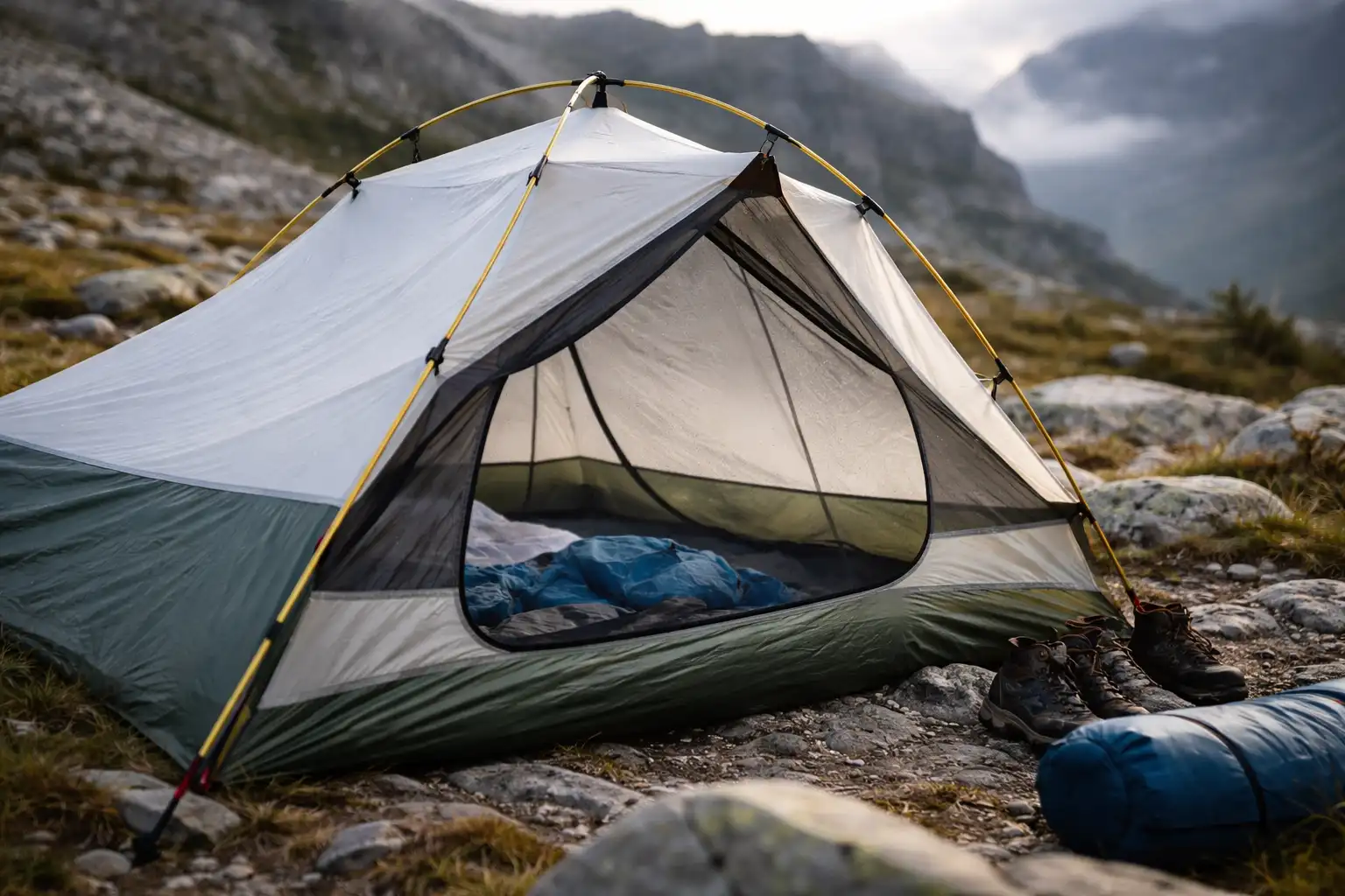Détail des aérations haute et basse d'une tente de bivouac double-toit en montagne