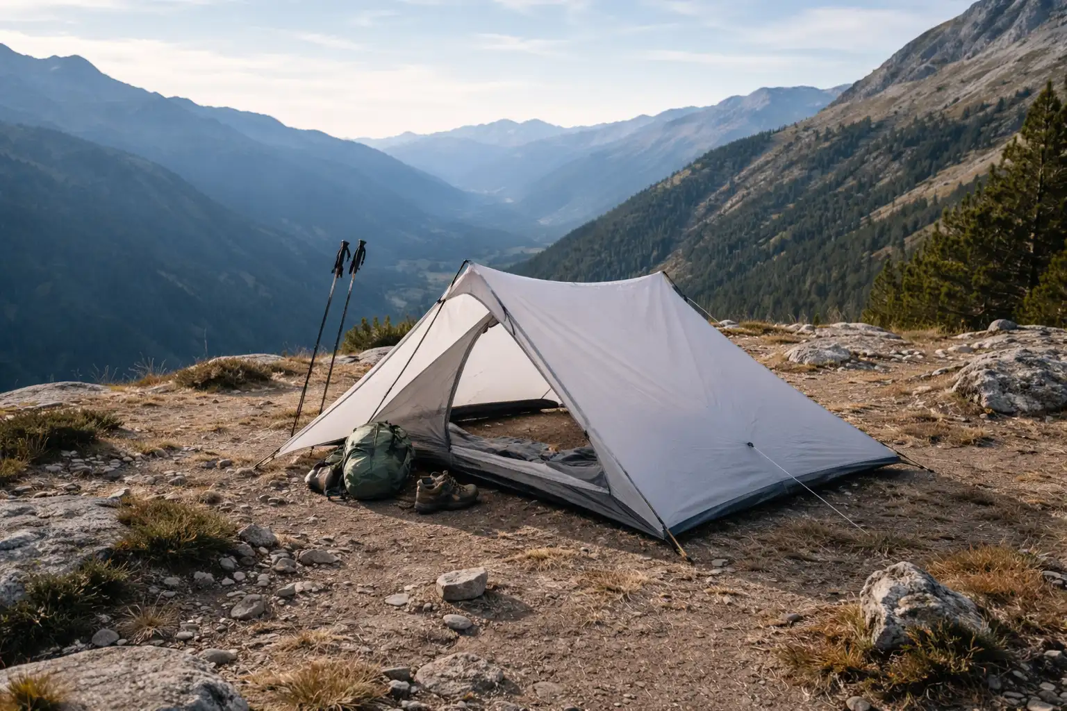 Tente de bivouac installée sur un replat rocheux sec en montagne avec vue dégagée