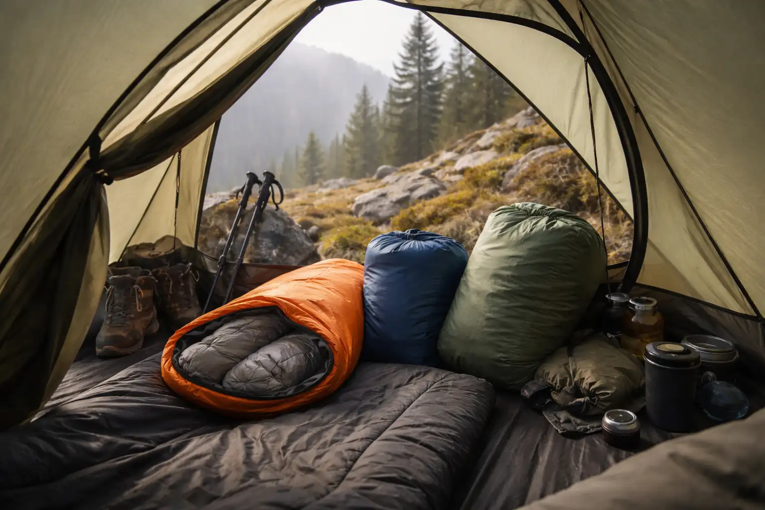 Sacs étanches et matériel de bivouac organisé à l'intérieur d'une tente