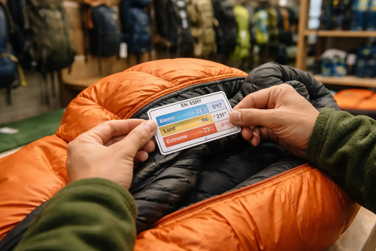 Randonneur consultant l'étiquette de température d'un sac de couchage en duvet