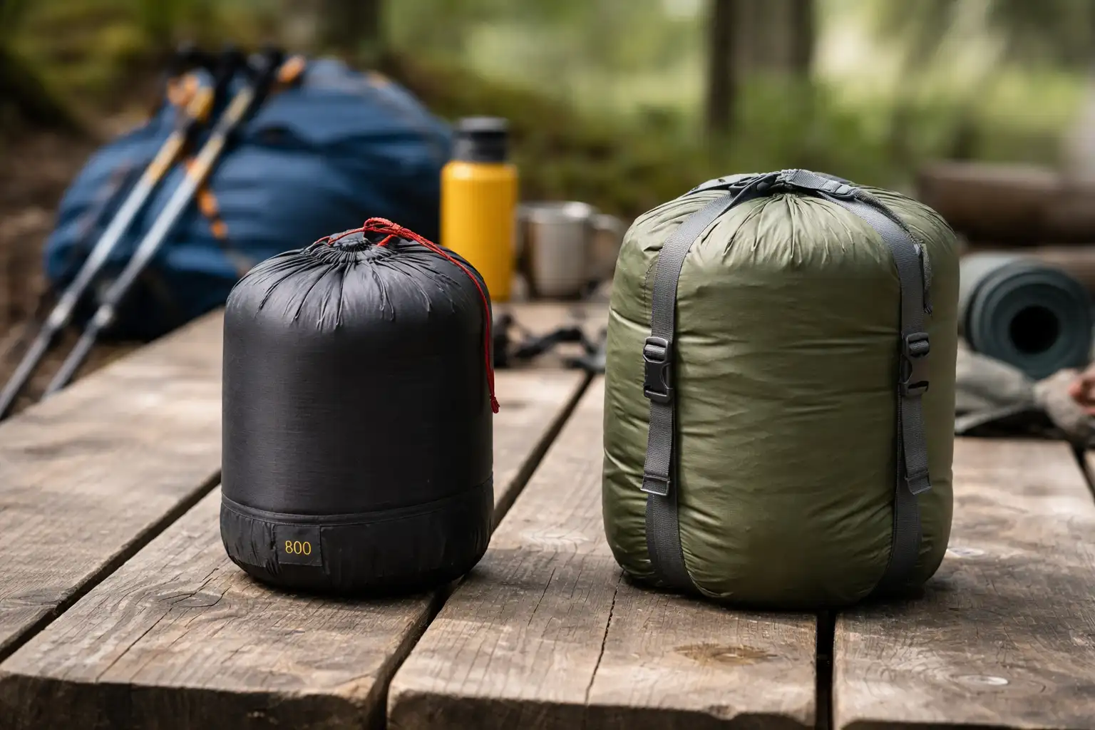 Comparaison visuelle entre un sac de couchage en duvet compressé et un sac synthétique