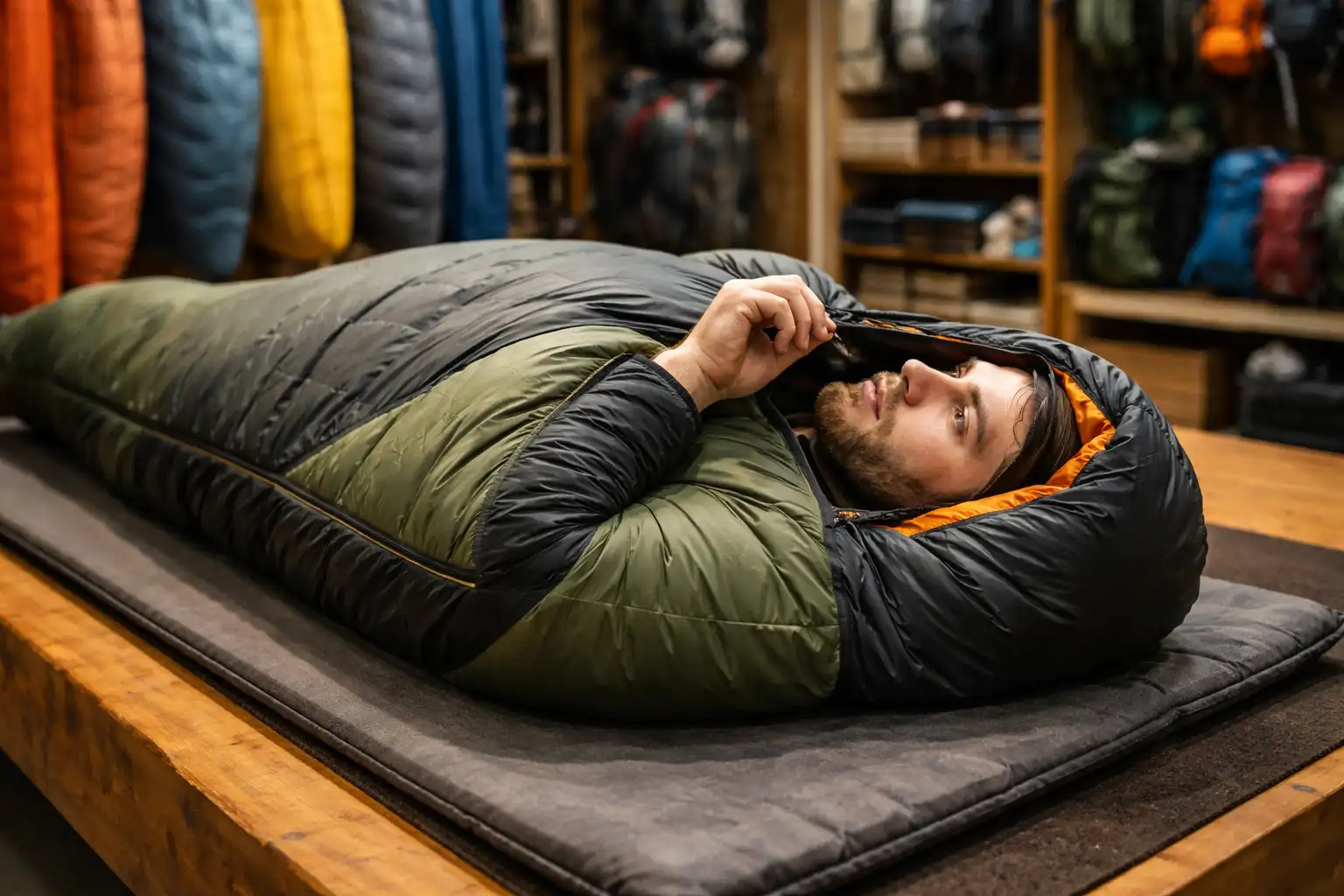 Randonneur testant l'ajustement d'un sac de couchage sarcophage en magasin