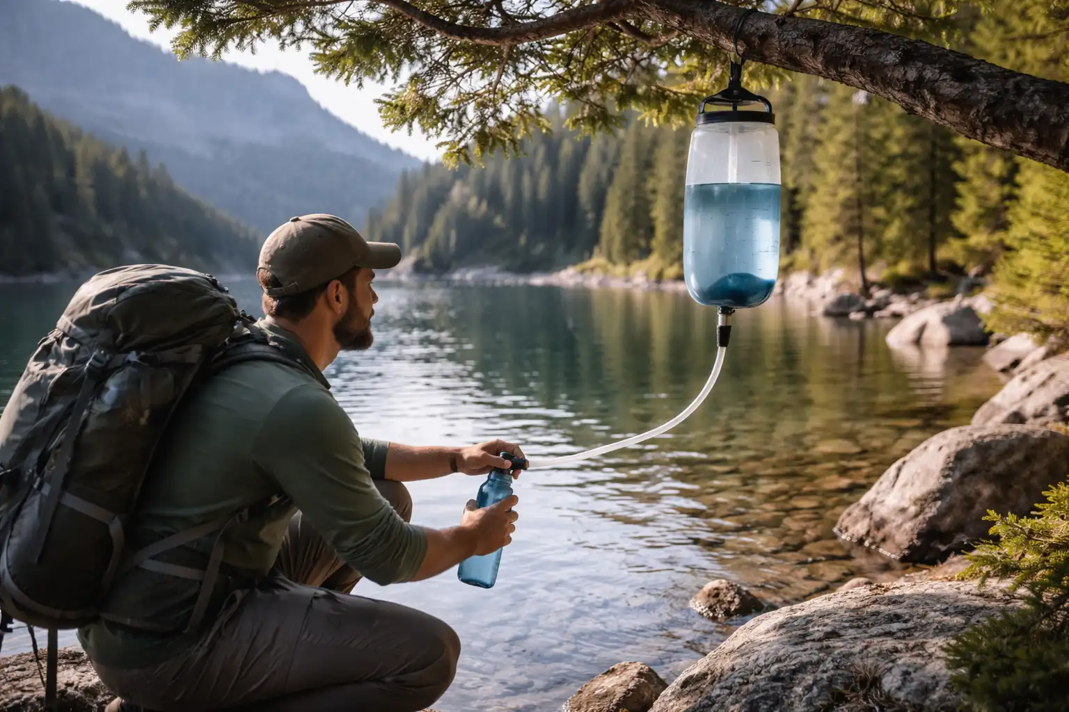 Randonneur utilisant un filtre à gravité pour traiter l'eau d'un lac de montagne