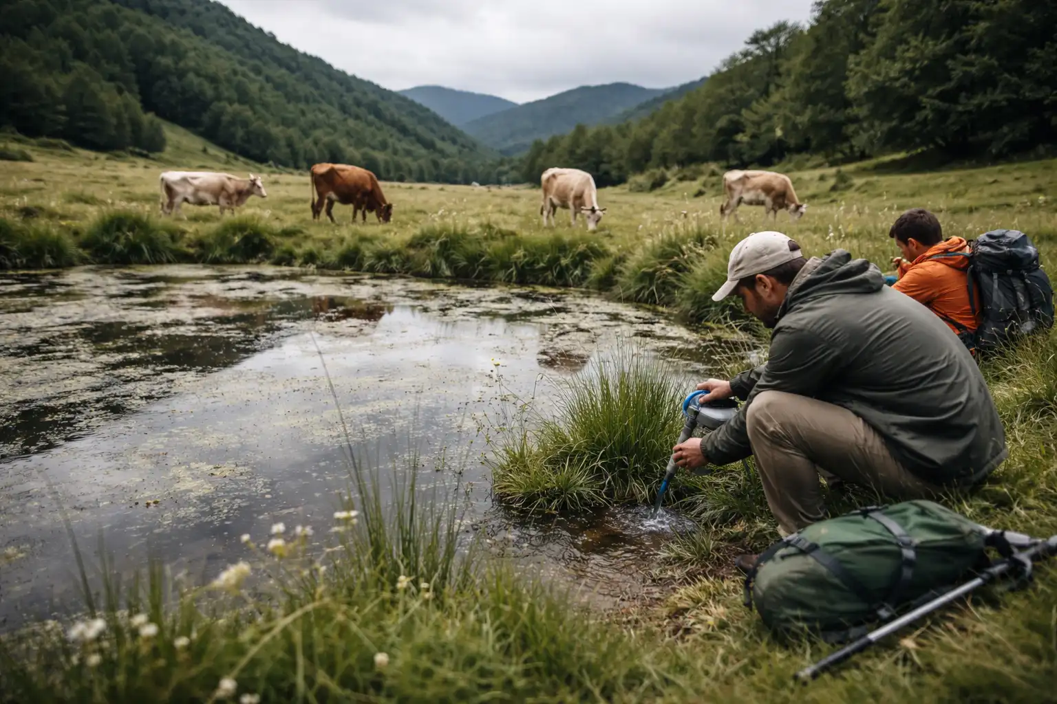 Mare stagnante en zone pastorale avec végétation dense, nécessitant un traitement chimique