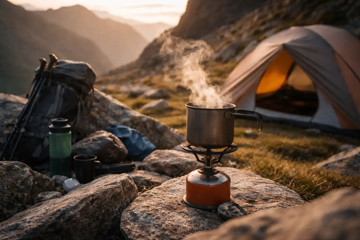 Réchaud de randonnée faisant bouillir de l'eau dans une popote en bivouac de montagne